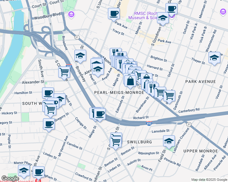 map of restaurants, bars, coffee shops, grocery stores, and more near 370 Pearl Street in Rochester