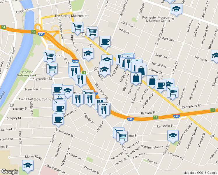 map of restaurants, bars, coffee shops, grocery stores, and more near 662 Broadway in Rochester