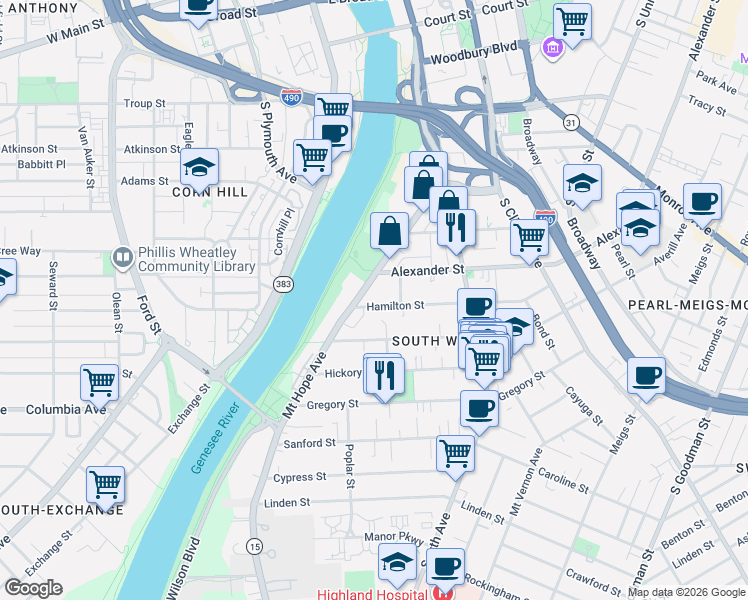 map of restaurants, bars, coffee shops, grocery stores, and more near 250 Mount Hope Avenue in Rochester