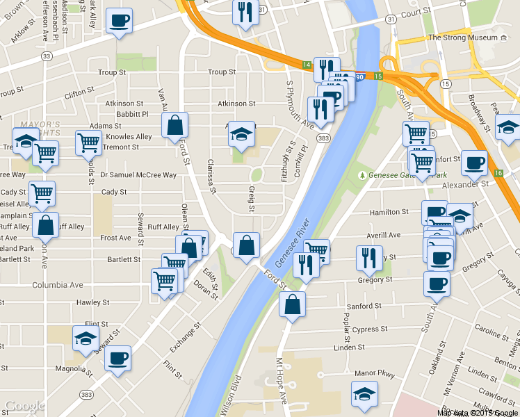 map of restaurants, bars, coffee shops, grocery stores, and more near 100 Riverferry Way in Rochester