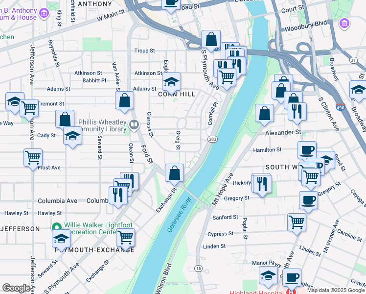 map of restaurants, bars, coffee shops, grocery stores, and more near 100 Riverferry Way in Rochester