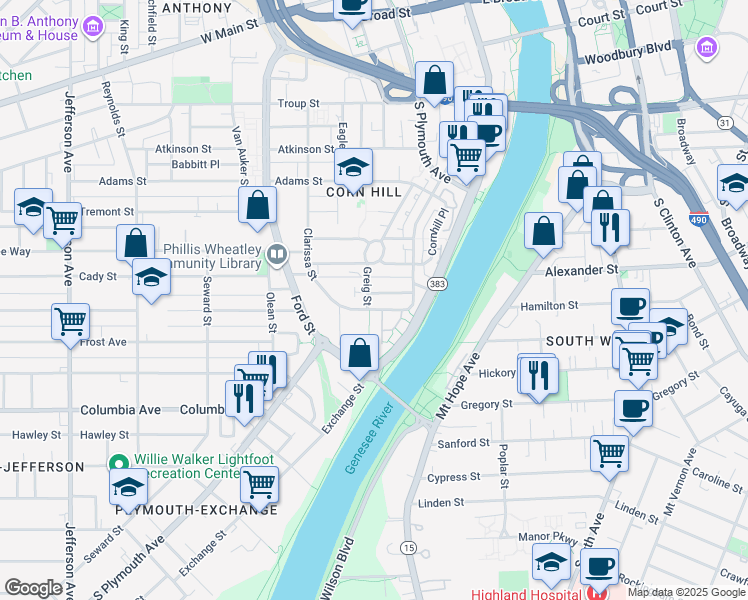 map of restaurants, bars, coffee shops, grocery stores, and more near 100 Riverferry Way in Rochester