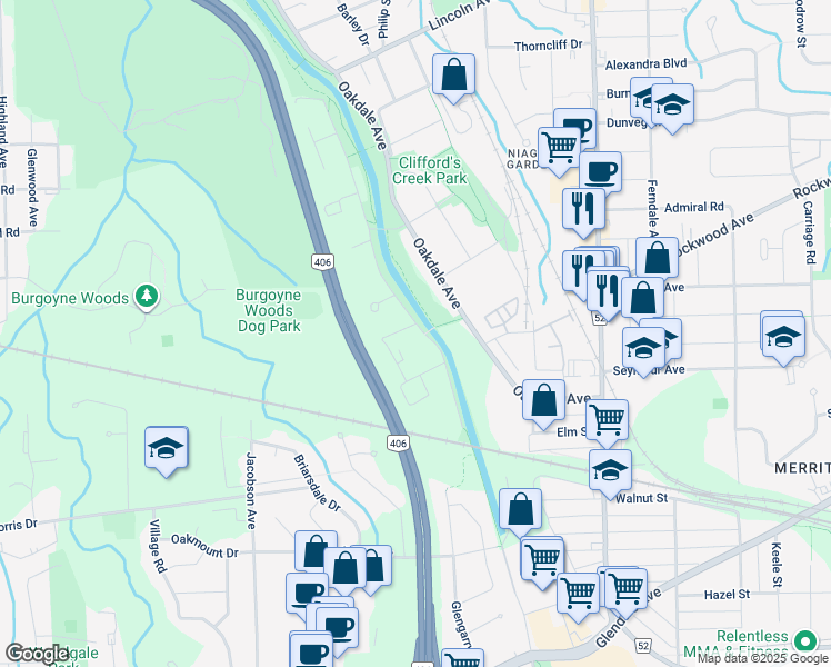 map of restaurants, bars, coffee shops, grocery stores, and more near in Saint Catharines