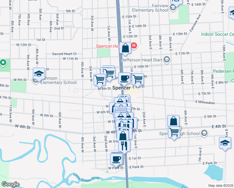 map of restaurants, bars, coffee shops, grocery stores, and more near in Spencer
