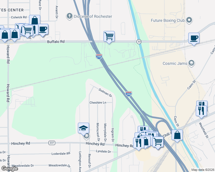map of restaurants, bars, coffee shops, grocery stores, and more near 42 Dolman Drive in Rochester