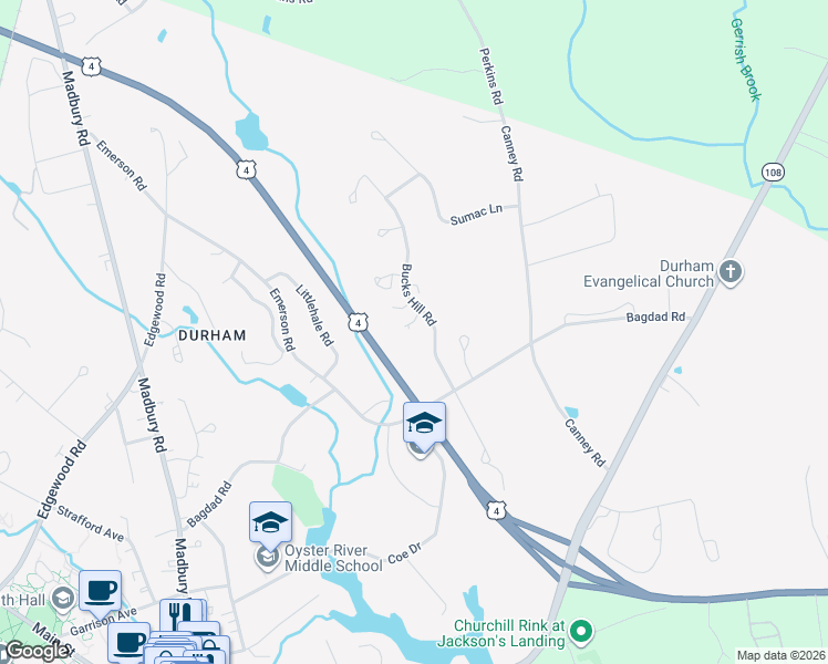 map of restaurants, bars, coffee shops, grocery stores, and more near 6 Bucks Hill Road in Durham