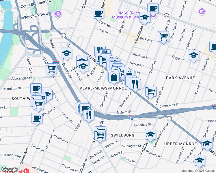 map of restaurants, bars, coffee shops, grocery stores, and more near 21 Edmonds Street in Rochester