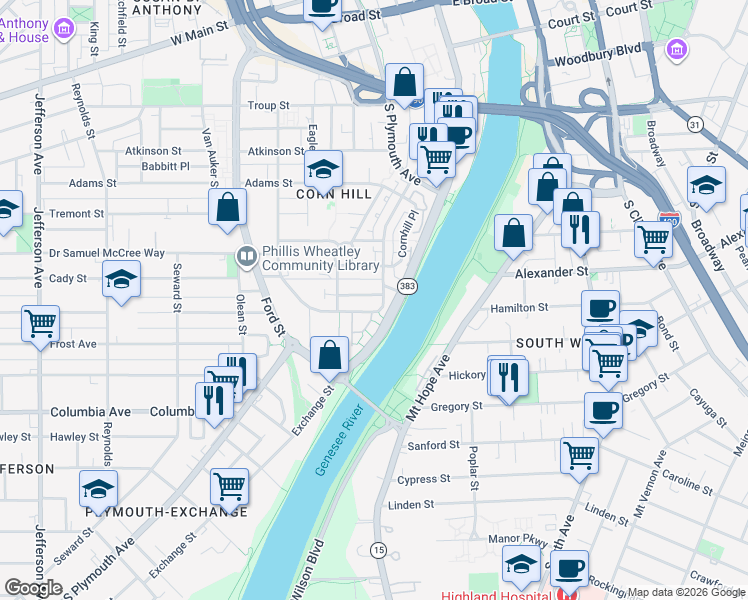 map of restaurants, bars, coffee shops, grocery stores, and more near 19 Hubbell Park in Rochester