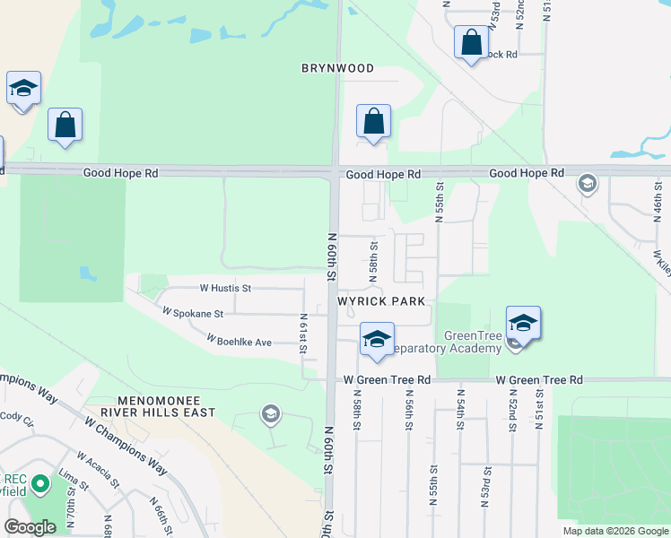 map of restaurants, bars, coffee shops, grocery stores, and more near 7052 North 60th Street in Milwaukee