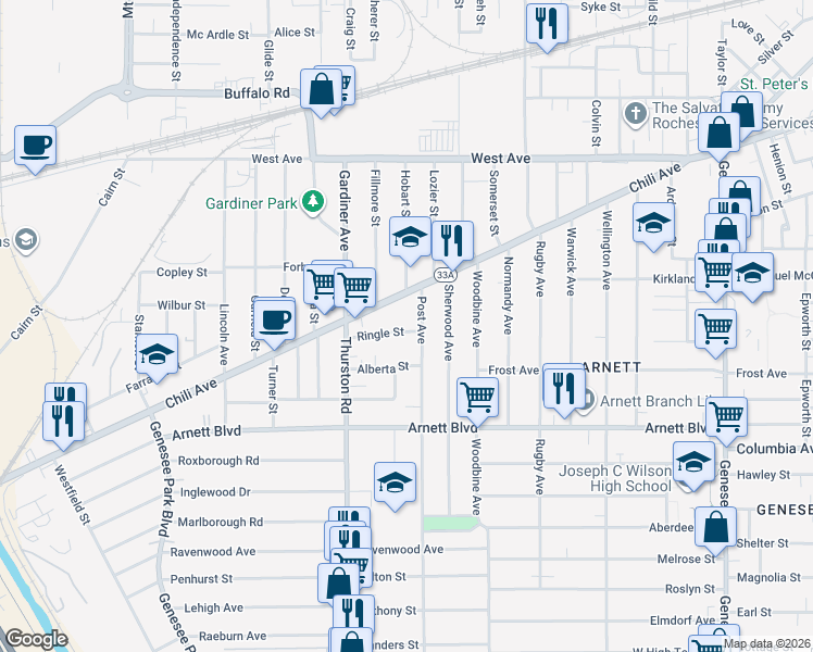 map of restaurants, bars, coffee shops, grocery stores, and more near 20 Ringle Street in Rochester