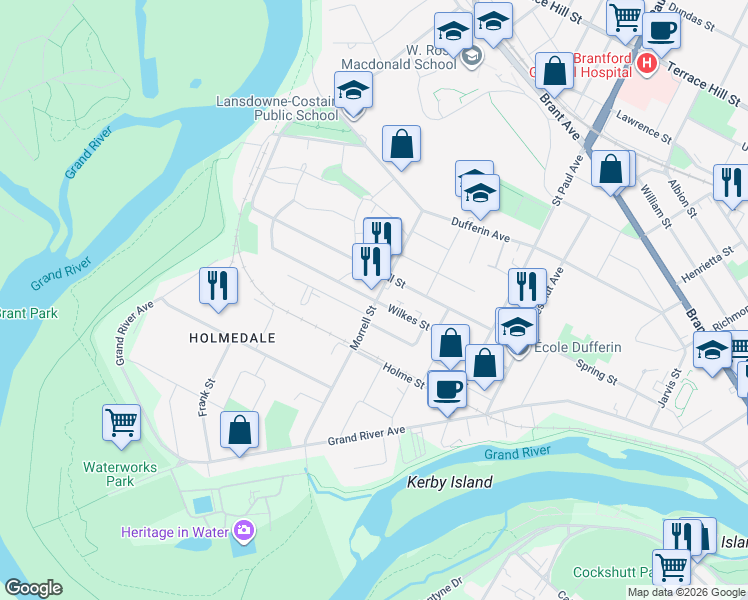 map of restaurants, bars, coffee shops, grocery stores, and more near 85b Morrell Street in Brantford