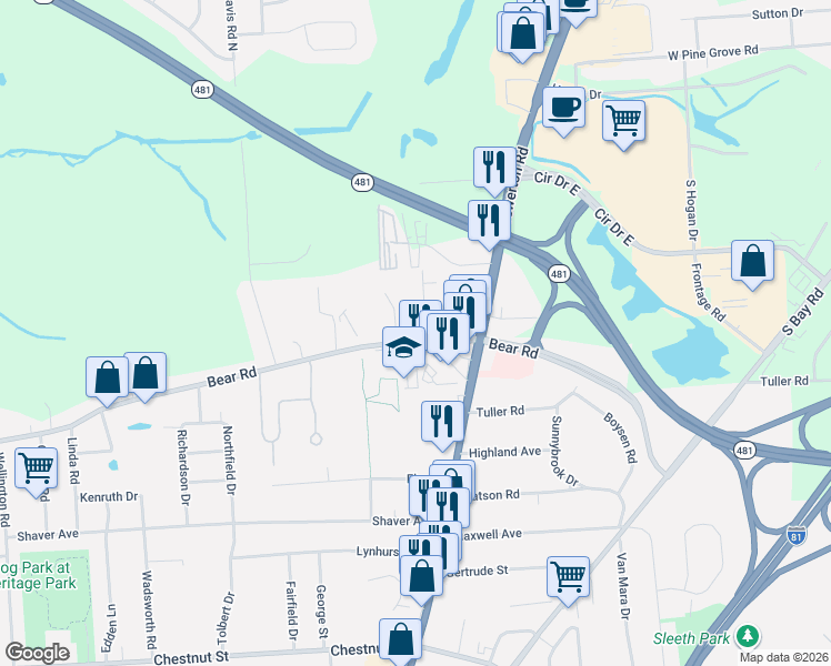 map of restaurants, bars, coffee shops, grocery stores, and more near 5627 Bear Road in Syracuse