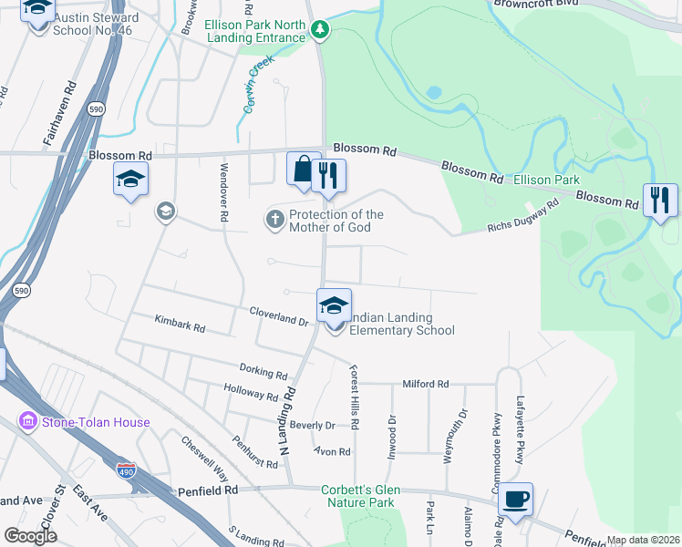 map of restaurants, bars, coffee shops, grocery stores, and more near 35 Klink Road in Rochester