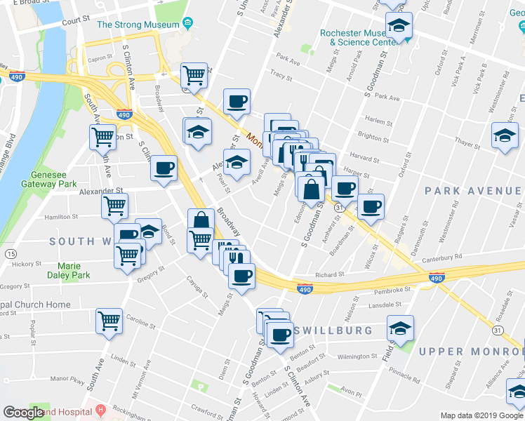 map of restaurants, bars, coffee shops, grocery stores, and more near 469 Meigs Street in Rochester
