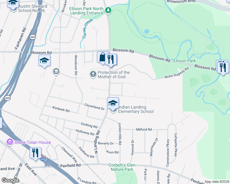 map of restaurants, bars, coffee shops, grocery stores, and more near 35 Klink Road in Rochester