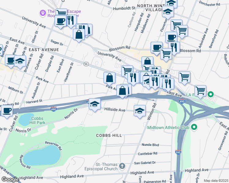 map of restaurants, bars, coffee shops, grocery stores, and more near 221 Norris Drive in Rochester