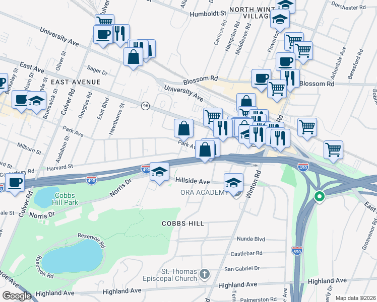 map of restaurants, bars, coffee shops, grocery stores, and more near 221 Norris Drive in Rochester