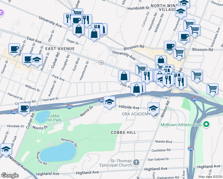 map of restaurants, bars, coffee shops, grocery stores, and more near 1025R Harvard Street in Rochester