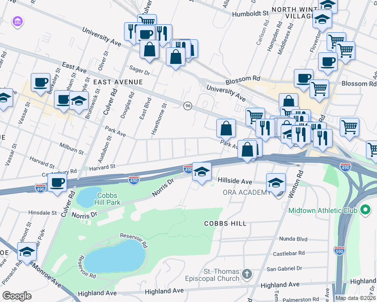 map of restaurants, bars, coffee shops, grocery stores, and more near 1025R Harvard Street in Rochester