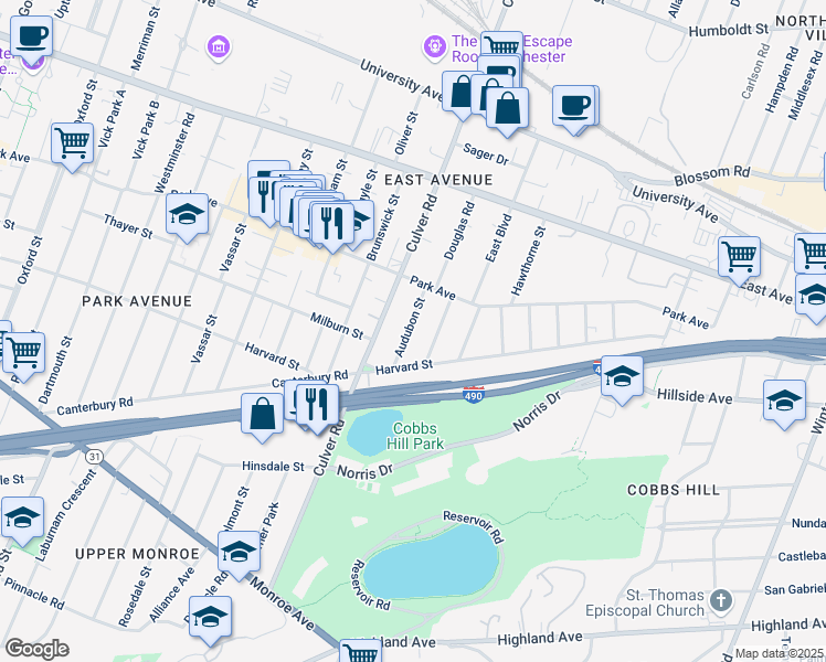 map of restaurants, bars, coffee shops, grocery stores, and more near 93 Beverly Street in Rochester