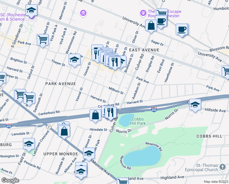 map of restaurants, bars, coffee shops, grocery stores, and more near 256 Brunswick Street in Rochester