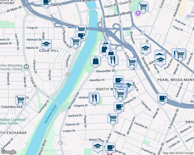 map of restaurants, bars, coffee shops, grocery stores, and more near 20 Ashland Street in Rochester