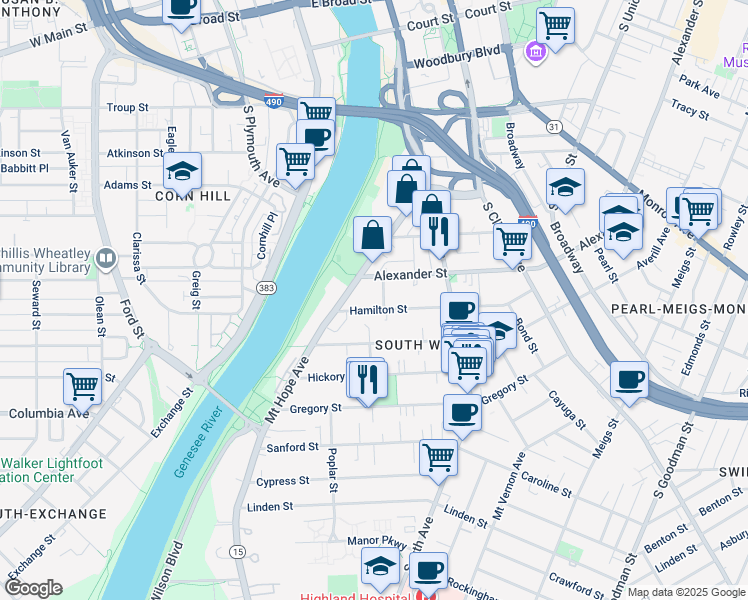 map of restaurants, bars, coffee shops, grocery stores, and more near 20 Ashland Street in Rochester