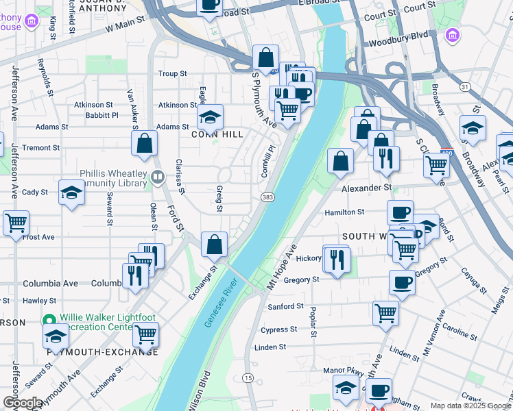 map of restaurants, bars, coffee shops, grocery stores, and more near 695 Clarissa Street in Rochester
