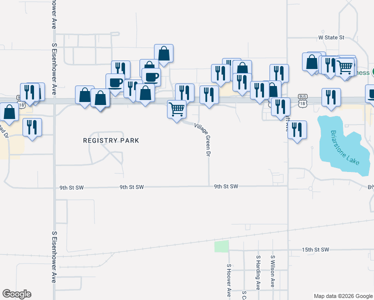 map of restaurants, bars, coffee shops, grocery stores, and more near 540 Village Green Drive Southwest in Mason City