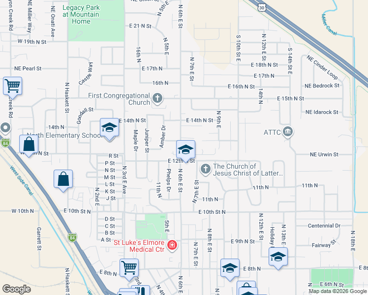 map of restaurants, bars, coffee shops, grocery stores, and more near 630 East 12th North in Mountain Home