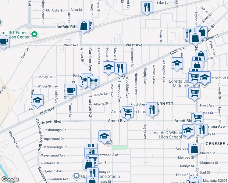map of restaurants, bars, coffee shops, grocery stores, and more near 103 Sherwood Avenue in Rochester
