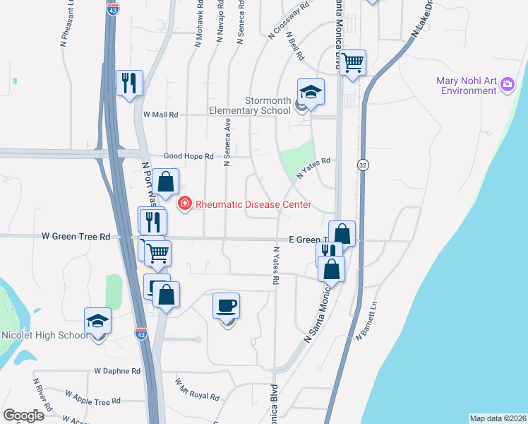map of restaurants, bars, coffee shops, grocery stores, and more near 7033 North Fairchild Circle in Fox Point