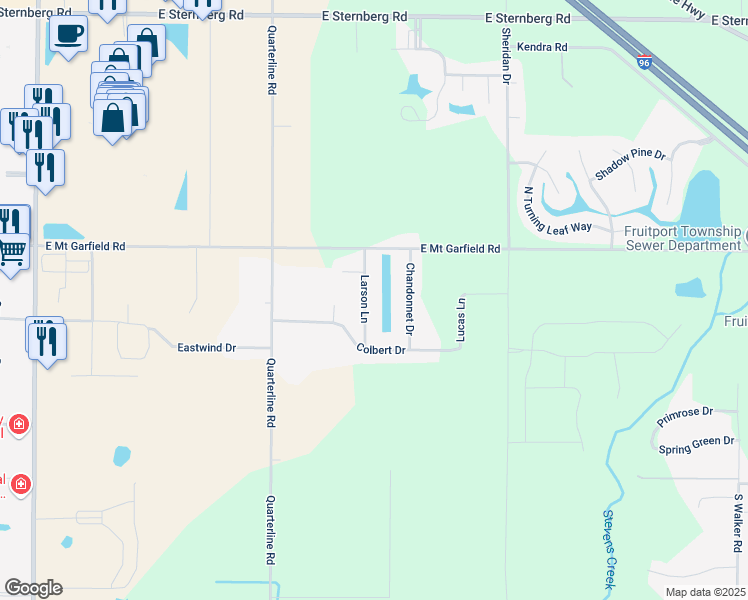 map of restaurants, bars, coffee shops, grocery stores, and more near 5936 Larson Lane in Fruitport Charter Township