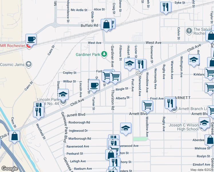 map of restaurants, bars, coffee shops, grocery stores, and more near 110 Salina Street in Rochester