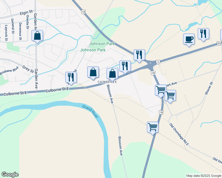 map of restaurants, bars, coffee shops, grocery stores, and more near 170 Blossom Avenue in Brantford