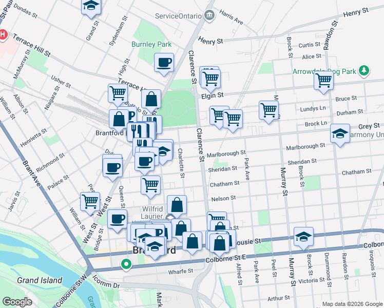 map of restaurants, bars, coffee shops, grocery stores, and more near 78 Marlborough Street in Brantford