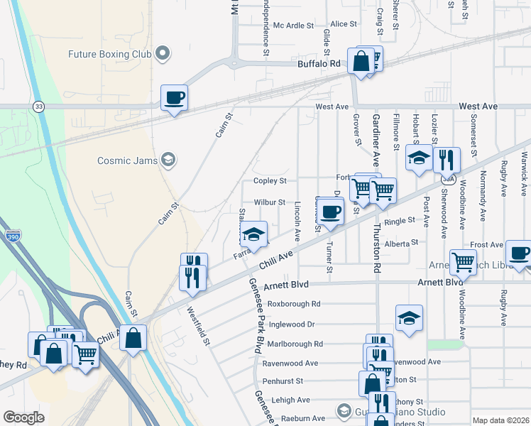map of restaurants, bars, coffee shops, grocery stores, and more near 72 Wilbur Street in Rochester