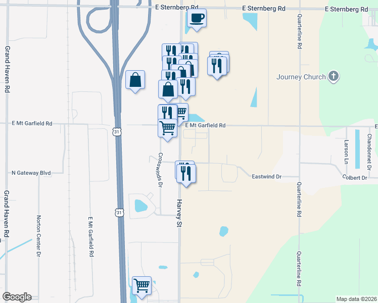 map of restaurants, bars, coffee shops, grocery stores, and more near 5890 Harvey Street in Muskegon