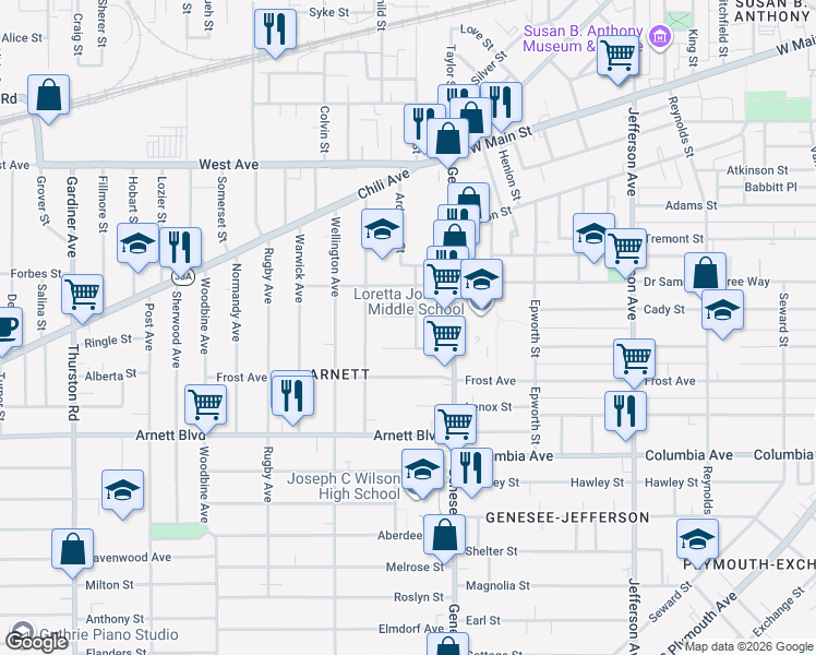 map of restaurants, bars, coffee shops, grocery stores, and more near 10 Wayne Place in Rochester