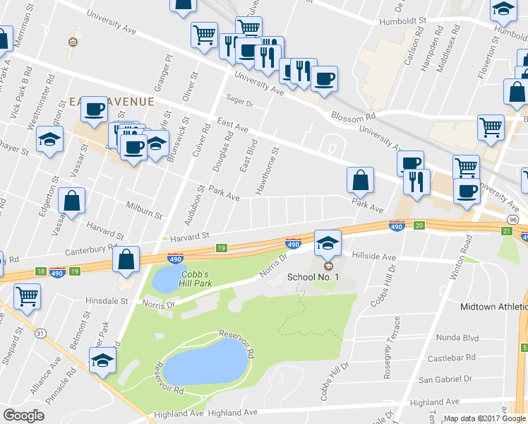 map of restaurants, bars, coffee shops, grocery stores, and more near 21 Ericsson Street in Rochester
