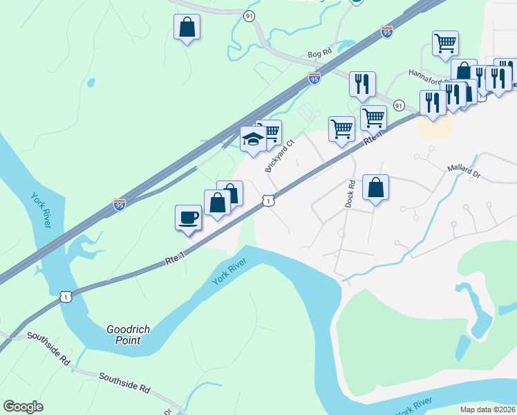 map of restaurants, bars, coffee shops, grocery stores, and more near 12 Brickyard Court in York
