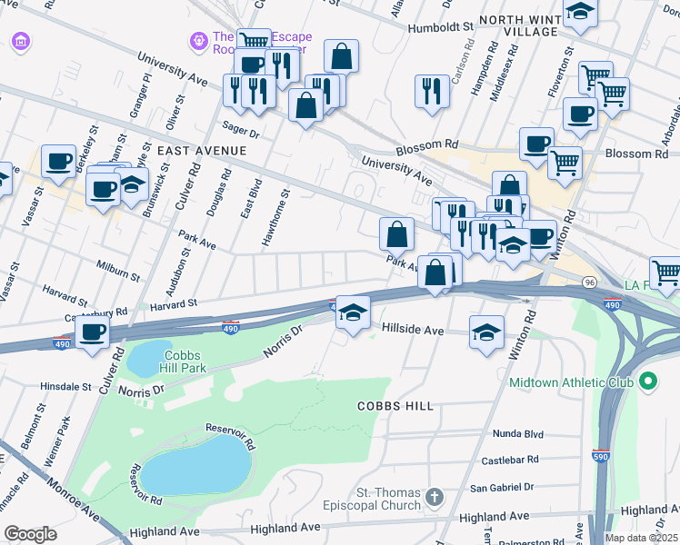 map of restaurants, bars, coffee shops, grocery stores, and more near in Rochester