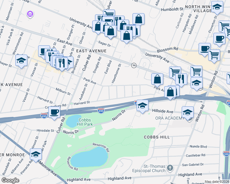 map of restaurants, bars, coffee shops, grocery stores, and more near 1020 Park Avenue in Rochester