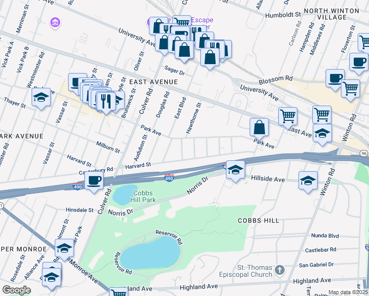 map of restaurants, bars, coffee shops, grocery stores, and more near 984 Park Avenue in Rochester