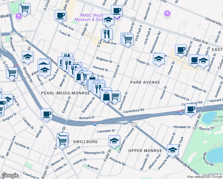 map of restaurants, bars, coffee shops, grocery stores, and more near 70 Wilmer Street in Rochester