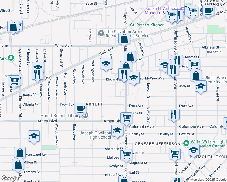 map of restaurants, bars, coffee shops, grocery stores, and more near 10 Wayne Place in Rochester
