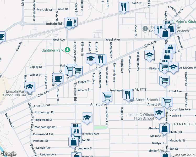 map of restaurants, bars, coffee shops, grocery stores, and more near in Rochester