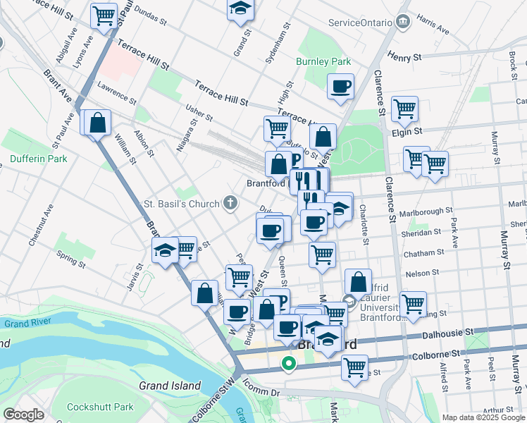 map of restaurants, bars, coffee shops, grocery stores, and more near 10 Philip Street in Brantford