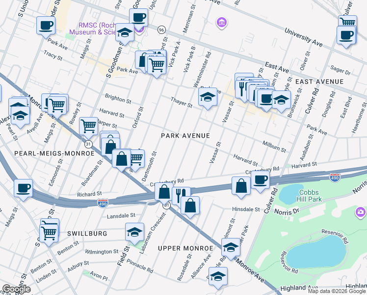 map of restaurants, bars, coffee shops, grocery stores, and more near 297 Barrington Street in Rochester