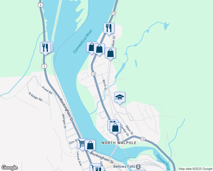 map of restaurants, bars, coffee shops, grocery stores, and more near 3 Brady Street in Walpole